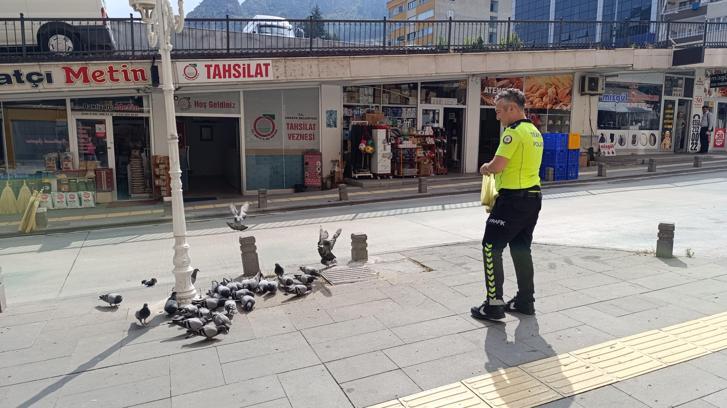 Amasya’da göreve giden polis, güvercinleri besledi