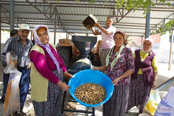 Büyükşehir’in badem soyma makinesi desteğiyle hasat zamanı