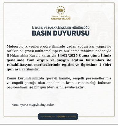 Aksaray’da okullara kar tatili