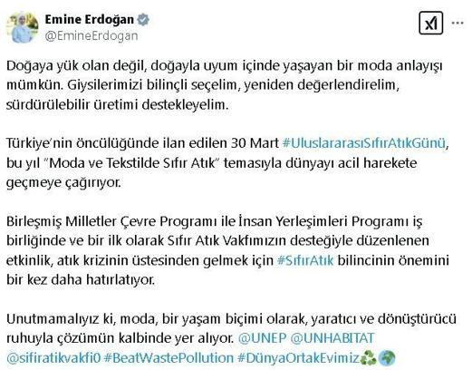 Emine Erdoğan'dan UNEP'in 'sıfır atık' çağrısına ilişkin paylaşım