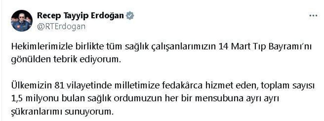 Cumhurbaşkanı Erdoğan'dan '14 Mart Tıp Bayramı' mesajı