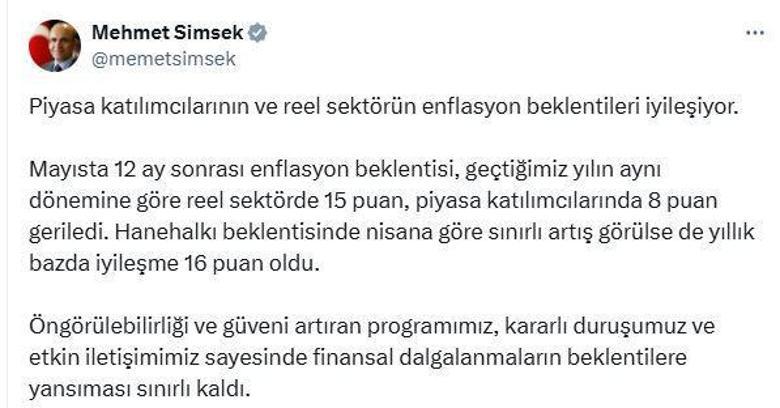 Bakan Şimşek: Reel sektörün enflasyon beklentileri iyileşiyor