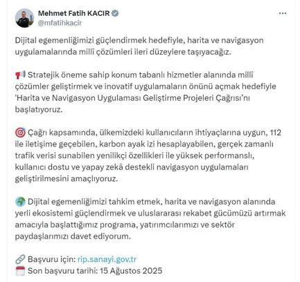 Bakanlıktan 'Harita ve Navigasyon Uygulaması Geliştirme Projeleri Çağrısı'