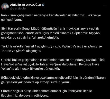 Bakan Uraloğlu: İran'da kalan uçaklarımızı Türkiye'ye geri getiriyoruz
