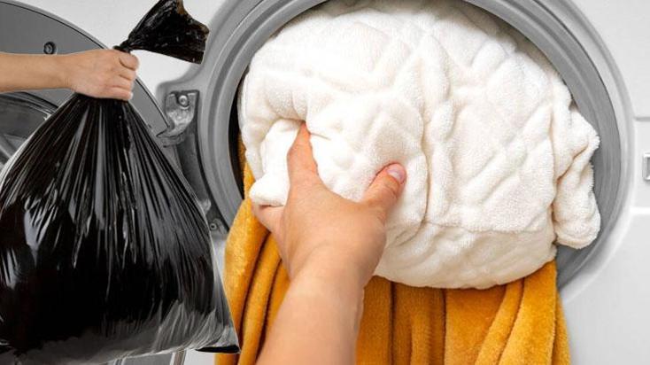 Çamaşır makinesine sığmayan yorgana kesin çözüm: Çöp poşetine koy, vakumla!