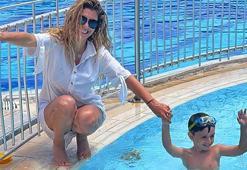 Nadide Sultan'dan oğlu Kaan'a yüzme dersi