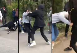 Kızların saç saça kavgası! Arkadaşları gülerek kayda aldı