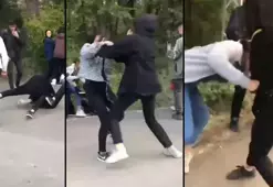 Kızların saç saça kavgası! Arkadaşları gülerek kayda aldı