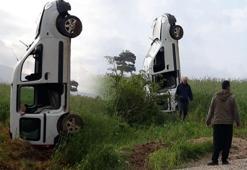 Takla atan araç dik durdu; sürücünün oğlu yaralandı