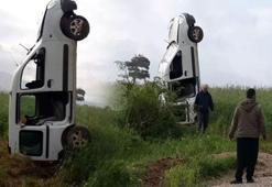 Takla atan araç dik durdu; sürücünün oğlu yaralandı