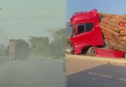 Trafikte şoförünün kontrolsüz ilerlediği tomruk yüklü TIR, refüje devrildi