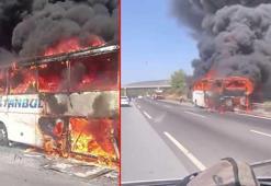 Dehşet anları! Seyir halindeki yolcu otobüsü alev alev yandı