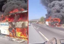 Dehşet anları! Seyir halindeki yolcu otobüsü alev alev yandı