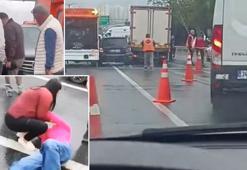 TEM'de korkunç olay! Zincirleme kazayı görüntüleyen kamyonet şoförü kadını ezdi