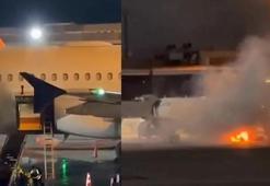 Uçakta korku dolu anlar! Bagaj yükleme aracı alev aldı, pist duman altında kaldı