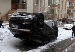 Ümraniye’de faciadan dönüldü! Buzlanan yolda kayan otomobil takla attı