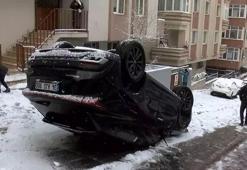 Ümraniye’de faciadan dönüldü! Buzlanan yolda kayan otomobil takla attı