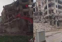 Hatay'da hasarlı 5 katlı bina iş makinesinin darbesiyle yerle bir oldu