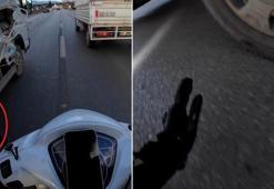 Seyir halinde, kamyonetten sarkan ipe dolanan motosikletli dehşeti yaşadı