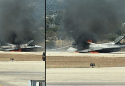 Acil iniş yapan Yunan F-16C uçağı alev topuna döndü