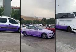 TIR’dan döküldü, yağmurla tepkimeye girdi! Araçlar mora boyandı, soruşturma başlatıldı