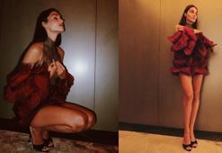 Hande Erçel'den bordo şıklığı! Süper mini elbisesiyle büyüledi