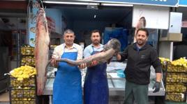 İki kişinin zor taşıdığı balıklar tezgahın gözdesi oldu 