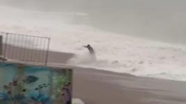 Dev dalgaların arasında kalmaktan merdivene tutunarak kurtuldu