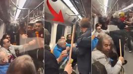 Şampiyonluk kutlamasında metro karıştı! Oklavalı kadın küfürlü, yumruklu kavganın ortasına daldı