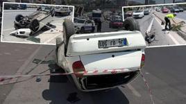 Aydınlatma direğine çarpan otomobil takla attı! Feci kaza kamerada