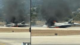 Acil iniş yapan Yunan F-16C uçağı alev topuna döndü