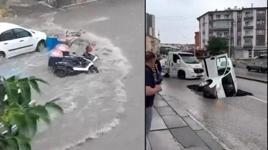 Ankara'da çöken yola araç böyle düştü