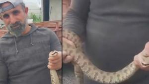 Yer: Hatay Metrelerce uzunluktaki zehirli engereği eliyle yakaladı