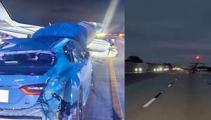 Uçak, seyir halindeki aracın üzerine acil iniş yaptı O anlar saniye saniye kaydedildi