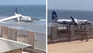 Somalide uçak okyanus kıyısına indi Bölgeden ilk görüntüler geldi