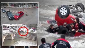 Amasyada korkunç kaza Anne ve kızı nehre uçtu: Ters dönen araçta kurtarma anı kamerada