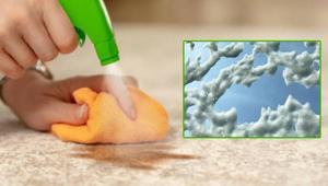 Halının üstünde köpürüp kirleri yüzeye çıkarıyor Köpük gidince süpürmek yeterli