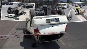 Aydınlatma direğine çarpan otomobil takla attı Feci kaza kamerada