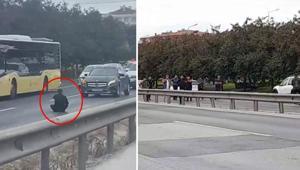 İstanbul D-100 karayolunda hareketli dakikalar Bıçakla yola oturan şahıs trafiği felç etti