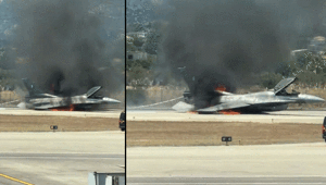 Acil iniş yapan Yunan F-16C uçağı alev topuna döndü