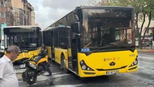 Şişhane’de İETT otobüsleri çarpıştı Yola döküldü sürücüler zor anlar yaşadı