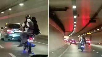 Avrasya Tüneli'nde tehlikeli yolculuk: 1'i bebek 3 kişi motosiklet üzerinde