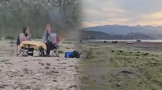 Sapanca Gölü'ndeki kuraklığa böyle dikkat çekti! ‘Suyun olduğu yerde insanlar mangal yapıyor’