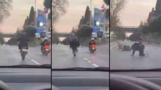 Üsküdar'da tek teker ilerlemeye çalışan motosikletli yola savruldu