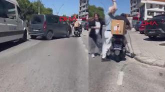 Kartal'da motokuryeyle kavga ederken aracını geri viteste unutan sürücü kaza yaptı