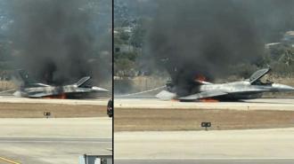 Acil iniş yapan Yunan F-16C uçağı alev topuna döndü