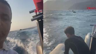 Lastik botla denizde mahsur kalan kişinin kurtarılma anı kamerada
