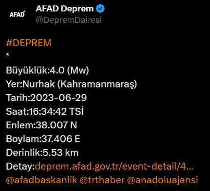 Kahramanmaraş 4.3ün ardında 4.0 büyüklüğünde bir deprem daha