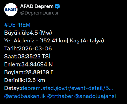 Son dakika... Antalyada 4.5 büyüklüğünde deprem