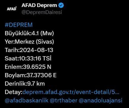 Sivasta 4.1 büyüklüğünde deprem